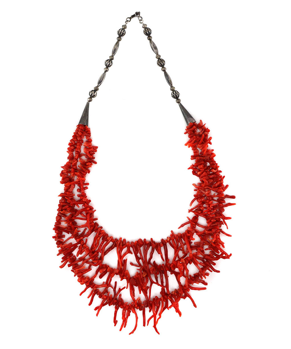 Navajo 3-Strand Coral Branch and Silver Beaded Necklace 1960s, 24