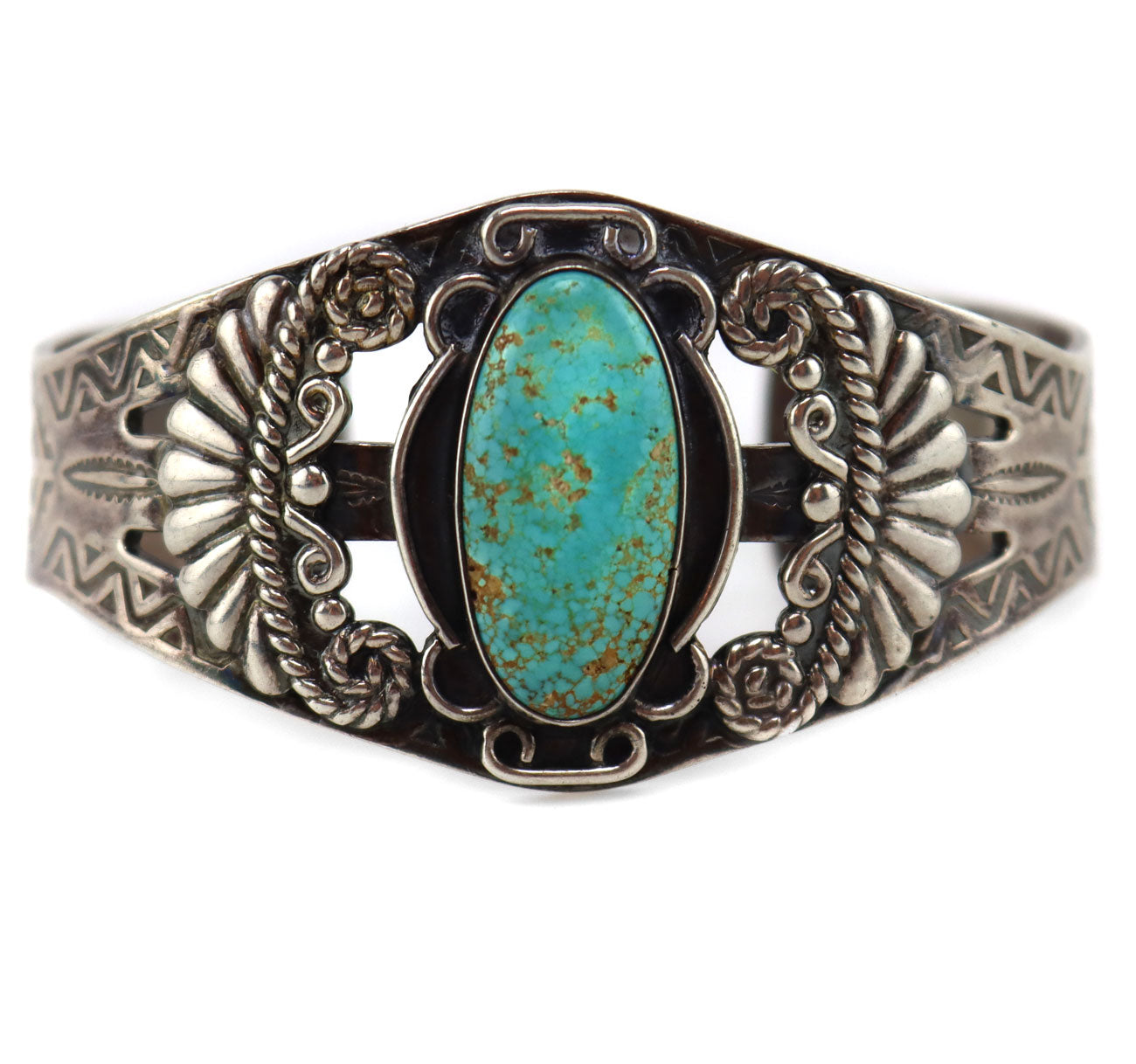 Navajo - Number 8 Turquoise and Silver Bracelet with Stamped Arrow Des