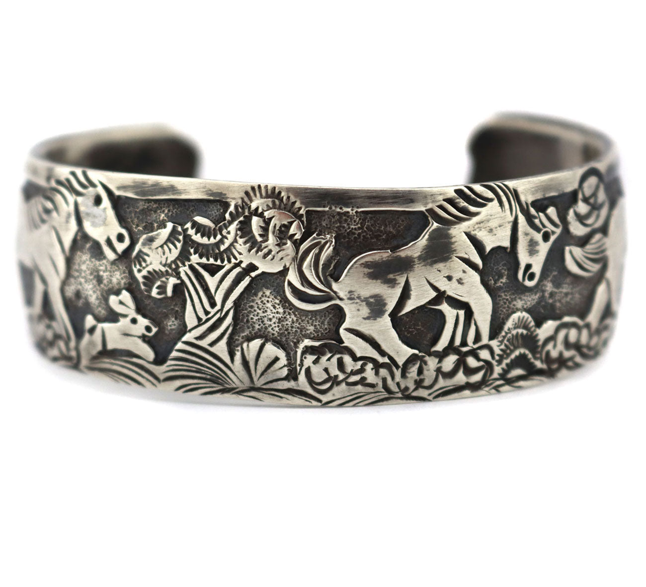 Navajo - Sterling Silver Overlay Storyteller Bracelet c. 1980s, size 6