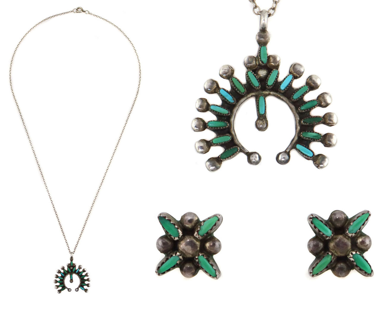 Zuni - Turquoise Needle Point and Silver Necklace and Post Earrings Se