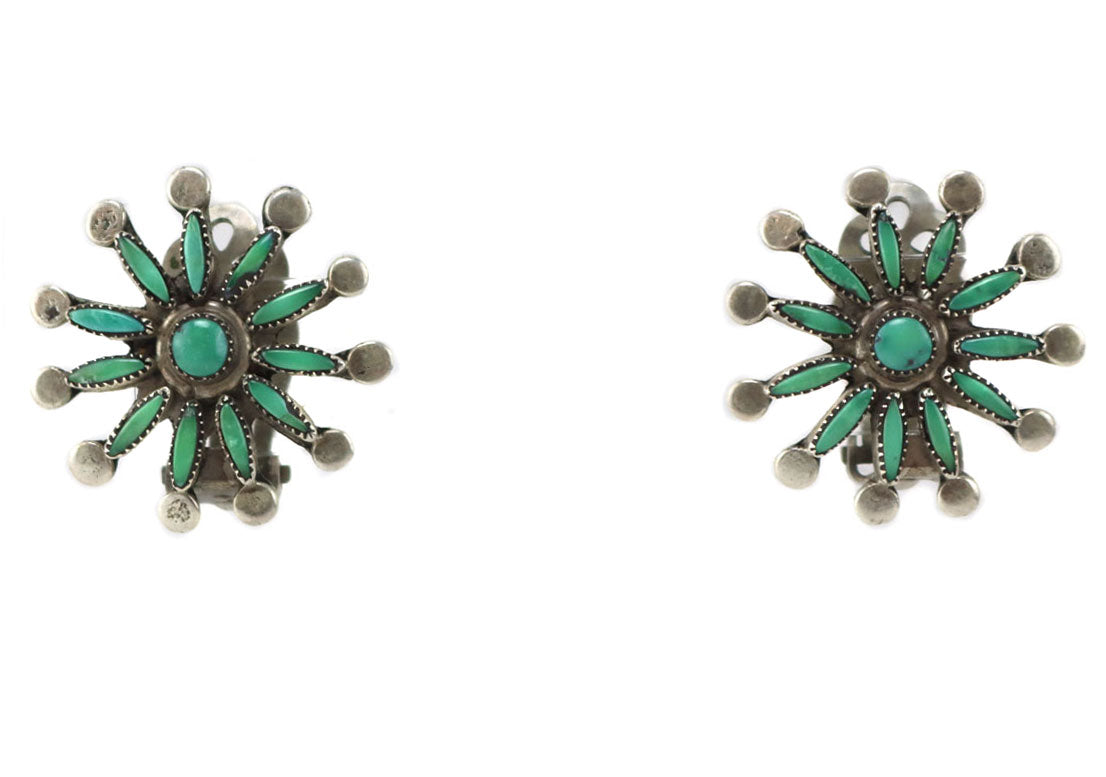 Zuni - Turquoise Needlepoint and Silver Clip-On Earrings c. 1930-40s,