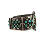 Zuni - Multi-Stone Inlay, Turquoise Cluster, and Silver Link Bracelet with Bird Design c. 1976, size 6.5 (J15963)