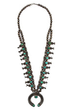 Navajo - Turquoise and Silver Box Bow Squash Blossom Necklace c. 1920-30s, 25" length