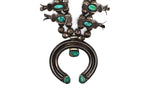 Navajo - Turquoise and Silver Box Bow Squash Blossom Necklace c. 1920-30s, 25" length