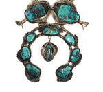 Large Navajo Morenci Turquoise and Silver Squash Blossom Necklace c. 1970s, 35" length