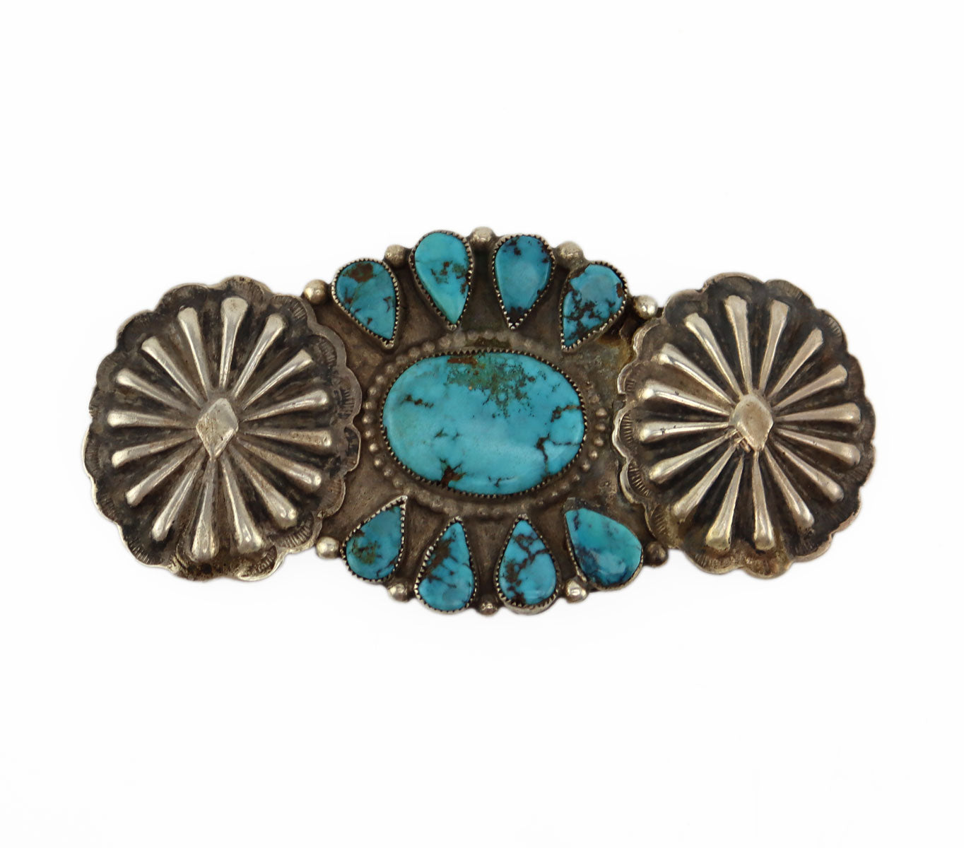 Navajo Turquoise and Silver Pin with Stamped Design 1930-40s,