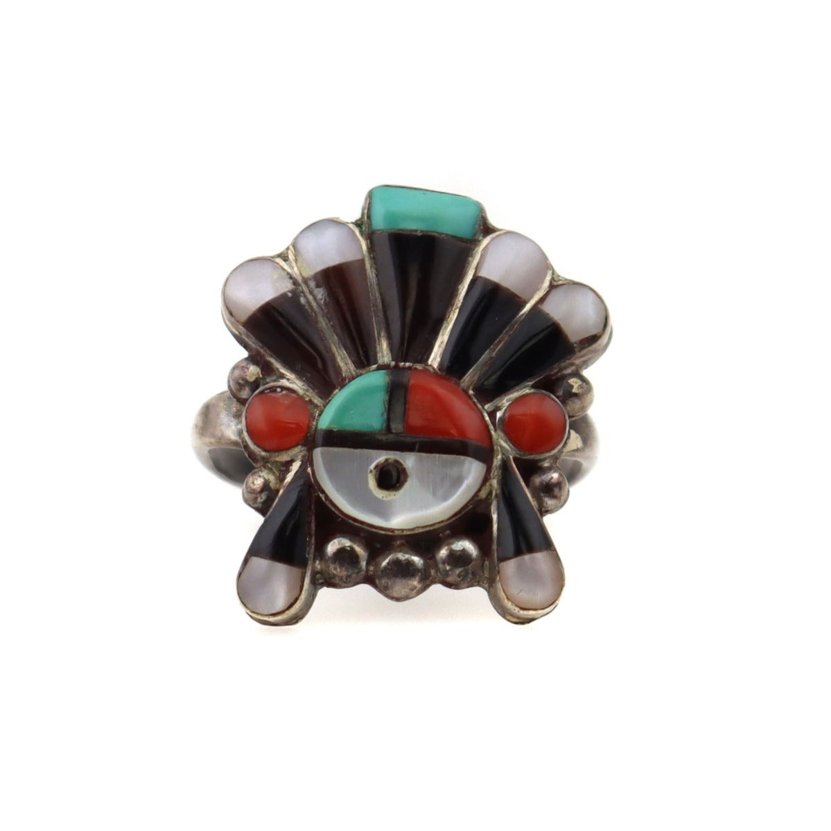 Zuni Multi-Stone and Silver Ring with Sunface Kachina Design c. 1950-6