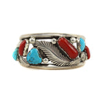 Dan Simplicio (1917-1969) - Zuni Turquoise, Coral, and Silver Bracelet with Feather Design c. 1960s, size 7 (J15522-CO-001)