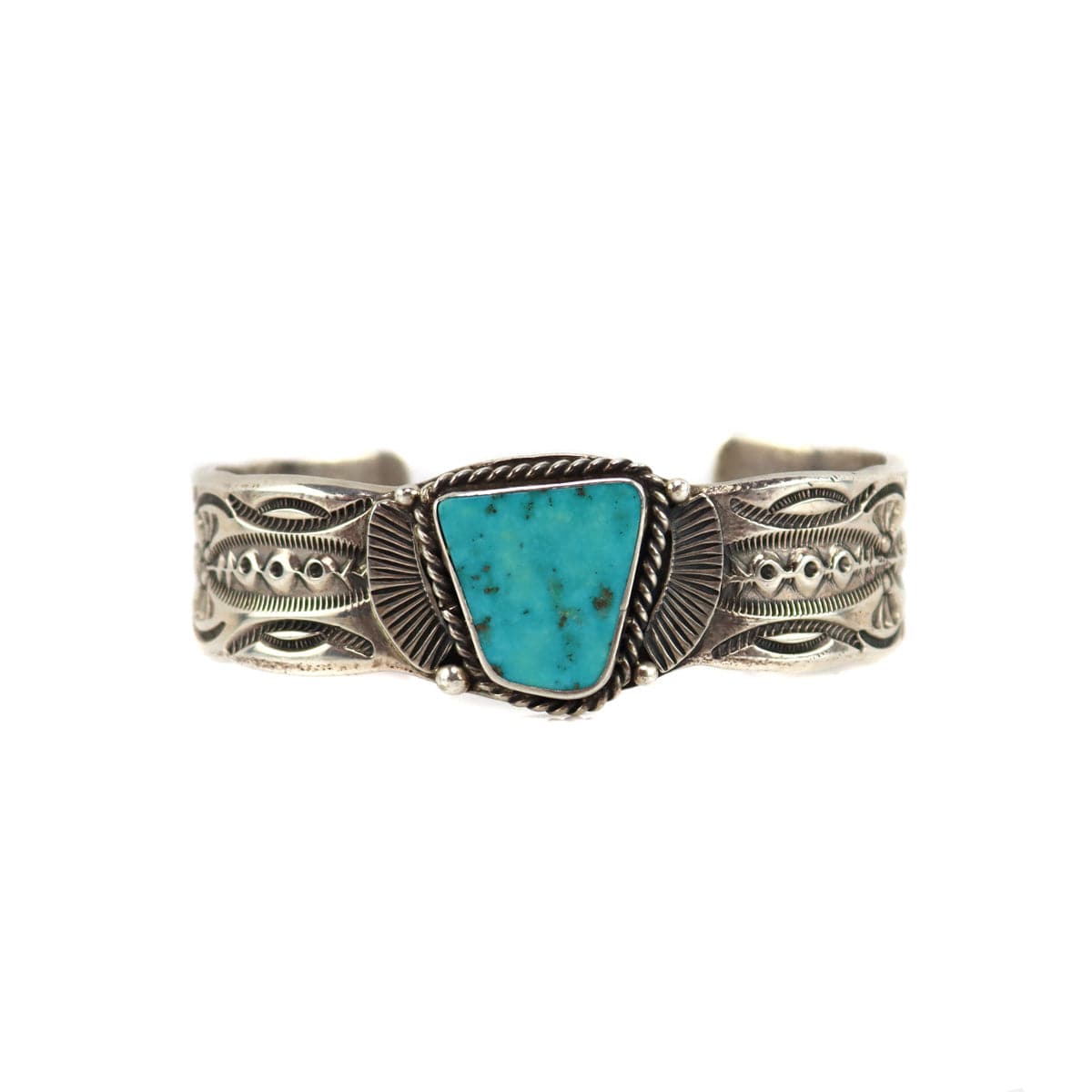 Eugene Hale Navajo Turquoise and Silver Bracelet with Stamped Desi