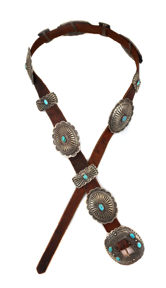 Navajo Turquoise, Silver, and Leather and Silver Concho Belt c. 1920s