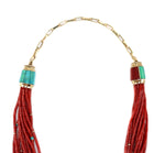Victor Beck (1941-2022) - Navajo 14-Strand Coral, Multi-Stone, and Gold Beaded Necklace with Multi-Use Extender c. 2005