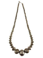Navajo - Silver Beaded Necklace with Stamped Design c. 1940-60s, 28" length