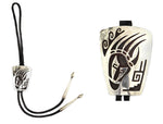 Lawrence Saufkie (1934-2011) - Hopi - Sterling Silver Overlay and Leather Bolo Tie with Bear Claw Pictorial Design c. 1950-60s, 39" length