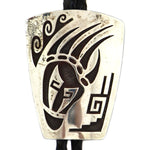 Lawrence Saufkie (1934-2011) - Hopi - Sterling Silver Overlay and Leather Bolo Tie with Bear Claw Pictorial Design c. 1950-60s, 39" length