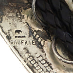 Lawrence Saufkie (1934-2011) - Hopi - Sterling Silver Overlay and Leather Bolo Tie with Bear Claw Pictorial Design c. 1950-60s, 39" length