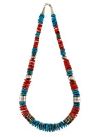 Tommy Singer (1940-2014) - Navajo - Turquoise, Spiny Oyster, Gold, and Silver Beaded Necklace c. 1990-2000s, 32" length