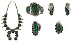 Possibly Jamison Kee - Navajo - Malachite and Silver Squash Blossom Necklace, Bracelet, Earrings, Pendant, & Ring Set c.1950-60s