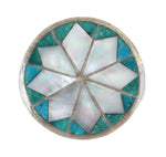 Zuni - Mother of Pearl and Turquoise Channel Inlay and Silver Pin c. 1940-50s, 1.5" diameter