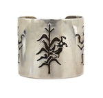 McBride Lomayestewa (1932-2002) - Hopi - Silver Overlay Bracelet with Kachina and Corn Stalk Pictorials c. 1970-80s, size 6.75