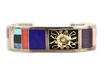 Jerry and Wilma Begay - Navajo - Contemporary Multi-Stone Channel Inlay, 14K Gold, and Sterling Silver Bracelet with Flower Accents, size 6.625