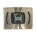 Navajo - Turquoise Inlay and Silver Overlay Belt Buckle with Deer Pictorial c. 1970s, 1.125" x 1.5"