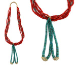 Navajo - 5-Strand Coral and Silver Beaded Necklace with Turquoise and Mother of Pearl Joclas c. 1960s, 29" length