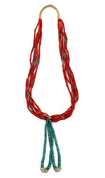 Navajo - 5-Strand Coral and Silver Beaded Necklace with Turquoise and Mother of Pearl Joclas c. 1960s, 29" length