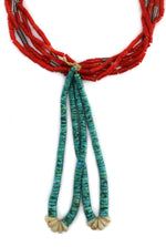 Navajo - 5-Strand Coral and Silver Beaded Necklace with Turquoise and Mother of Pearl Joclas c. 1960s, 29" length