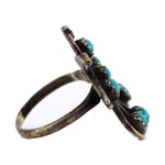 Zuni - Turquoise Petit Point and Silver Ring with Thunderbird Design c. 1940s, size 4.75
