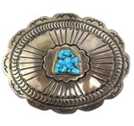 Mike Davis - Navajo - Turquoise and Silver Buckle with Stamped Designs c. 1980s, 2.875" x 3.5"
