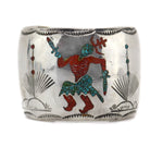 Navajo - Turquoise and Coral Chip Inlay and Silver Bracelet with Stamped Design and Dancer Pictorial c. 1970s, size 6.625