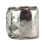 Navajo - Turquoise and Coral Chip Inlay and Silver Bracelet with Stamped Design and Dancer Pictorial c. 1970s, size 6.625