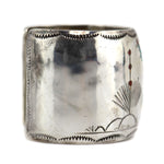 Navajo - Turquoise and Coral Chip Inlay and Silver Bracelet with Stamped Design and Dancer Pictorial c. 1970s, size 6.625