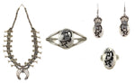 Tommy Singer (1940-2014) - Navajo - Silver Overlay Squash Blossom-Style Necklace, Bracelet, Earrings, and Ring Set with Kokopelli Design c. 1980-90s
