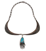 Preston Monongye (1927-1987) - Hopi - Turquoise, Multi-Stone Inlay, and Silver Bear Claw Pendant/Choker Necklace c. 1970s, 2.5" x 1" pendant