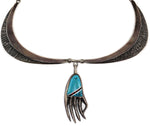 Preston Monongye (1927-1987) - Hopi - Turquoise, Multi-Stone Inlay, and Silver Bear Claw Pendant/Choker Necklace c. 1970s, 2.5" x 1" pendant