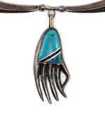 Preston Monongye (1927-1987) - Hopi - Turquoise, Multi-Stone Inlay, and Silver Bear Claw Pendant/Choker Necklace c. 1970s, 2.5" x 1" pendant