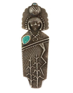 Anthony Lovato (b. 1958) - Santo Domingo (Kewa) - Turquoise and Silver Waterbearer Pin/Pendant with Thunder and Corn Pictorial Design c. 2025, 4.25" x 1.375"