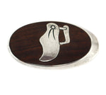 George Kee (d. 1980) & White Hogan Shop - Navajo - Ironwood Inlay and Sterling Silver Belt Buckle with Chaps Pictorial Design c. 1950s, 1.625" x 3"