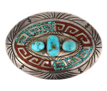Jackie Singer - Navajo Turquoise and Coral Chip Inlay and Silver Pin c. 1970s, 2.5" x 3.625"