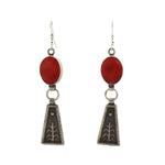 Joel Pajarito (b. 1984) - Santo Domingo (Kewa) - Contemporary Spiny Oyster and Silver Tufa Cast French Hook Earrings with Corn Pictorial, 3.125" x 0.625"