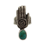 Joel Pajarito (b. 1984) - Santo Domingo (Kewa) - Contemporary Turquoise and Silver Tufa Cast "Cycle of Life Hand" Ring, size 8.75