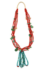 Navajo - 4-Strand Coral, Turquoise, Clamshell, and Silver Beaded Necklace with Turquoise Joclas c. 1930-40s, 32" length