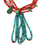Navajo - 4-Strand Coral, Turquoise, Clamshell, and Silver Beaded Necklace with Turquoise Joclas c. 1930-40s, 32" length