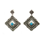 Kee Nataani - Navajo Contemporary Turquoise and Silver Post Earrings with Stamped Design, 2.25" x 1.625" (J13374)