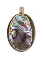 Ava Marie Coriz "Cool-Ca-Ya" (1948-2011) – Santo Domingo (Kewa) Mother of Pearl and Sterling Silver Pendant c. 2008, 1.75" x 1.25" (J14132)