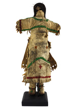 Plains Beaded Leather Doll with Custom Stand c. 1890s, 12.625" x 6" x 3.25"