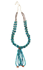 Santo Domingo (Kewa) - 3-Strand Turquoise, Spiny Oyster, and Heishi Necklace with Jocla Pendants c. 1960s, 29" length