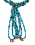 Santo Domingo (Kewa) - 3-Strand Turquoise, Spiny Oyster, and Heishi Necklace with Jocla Pendants c. 1960s, 29" length
