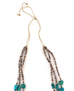 Santo Domingo (Kewa) - 3-Strand Turquoise, Spiny Oyster, and Heishi Necklace with Jocla Pendants c. 1960s, 29" length